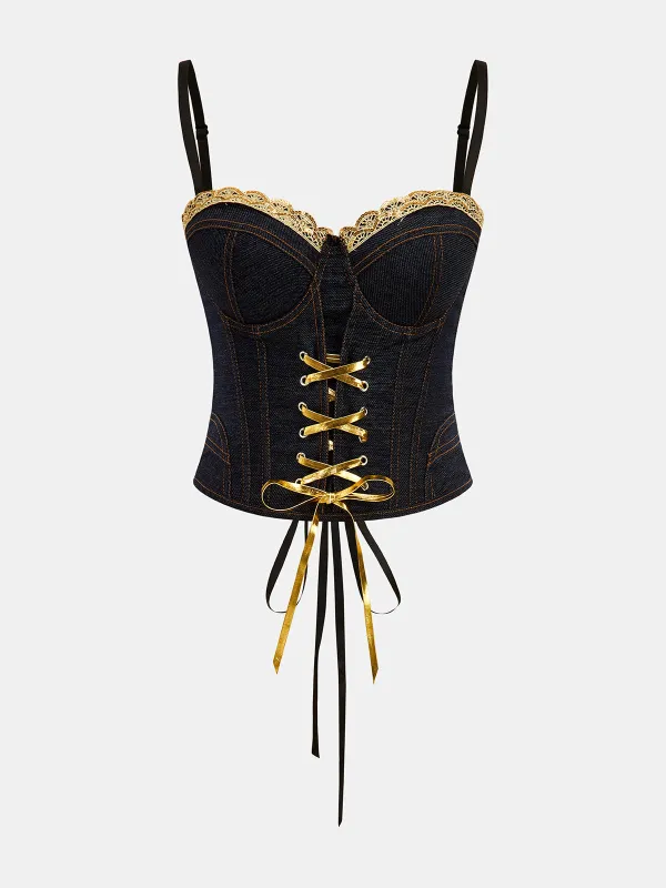 Denim Lace Trim Lace Up Corset Top made by COMMENSE