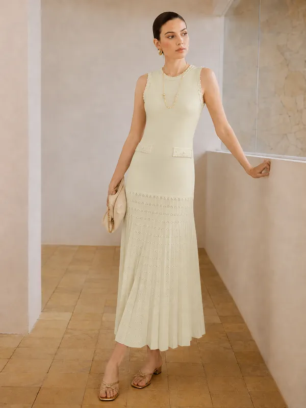 Pleated Pearl Trim Eyelet Knit Maxi Dress made by COMMENSE