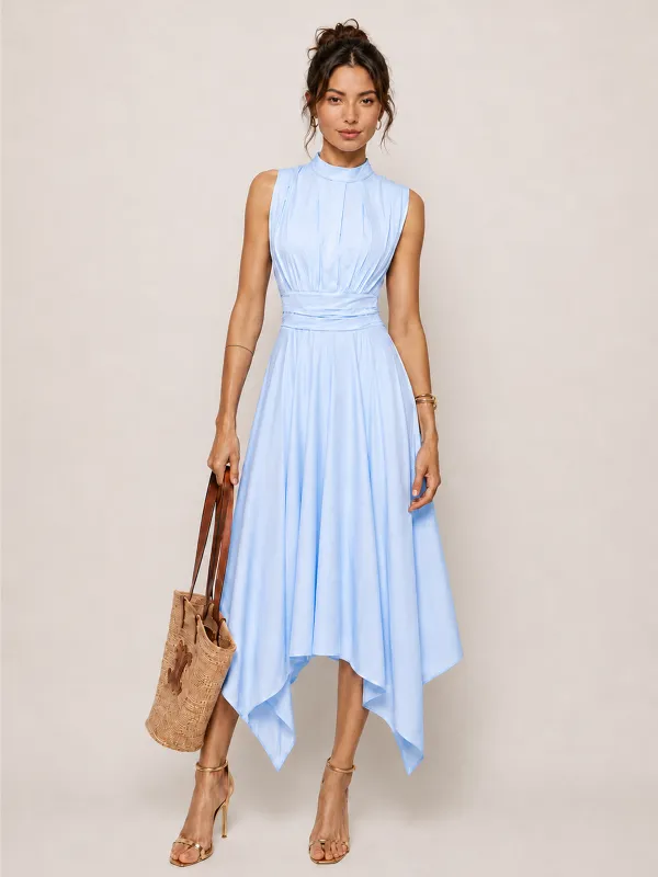 Stand Collar Sleeveless Irregular Hem Midi Dress made by COMMENSE