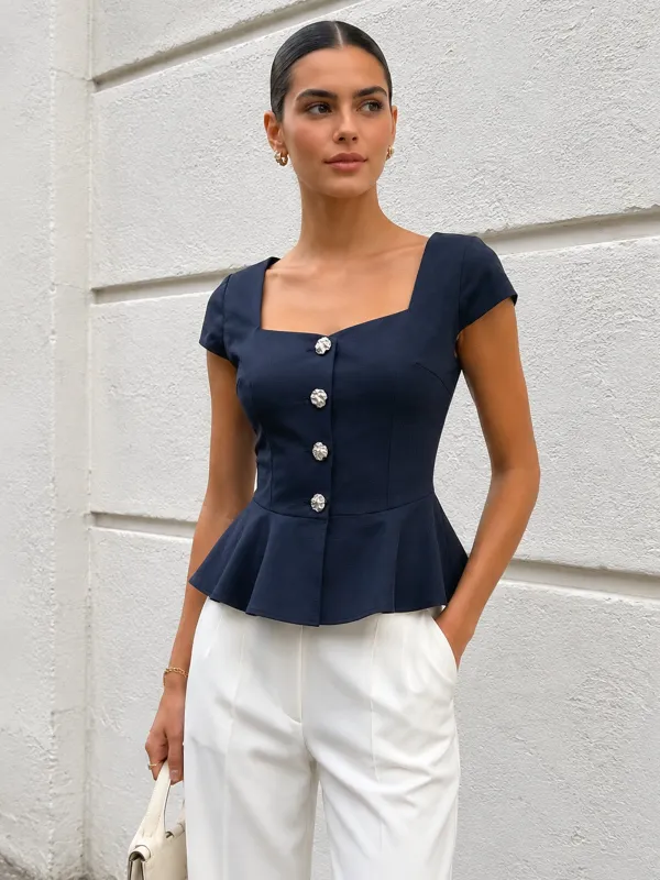 Cap Sleeve Square Neck Peplum Blouse made by COMMENSE
