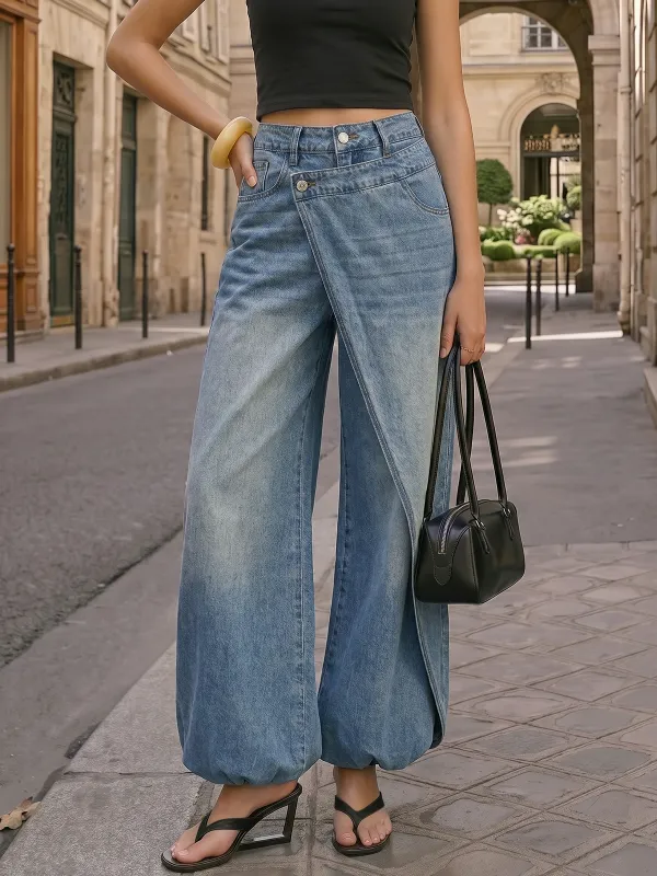 Cross Wrap Overlap Wide Leg Jeans made by COMMENSE
