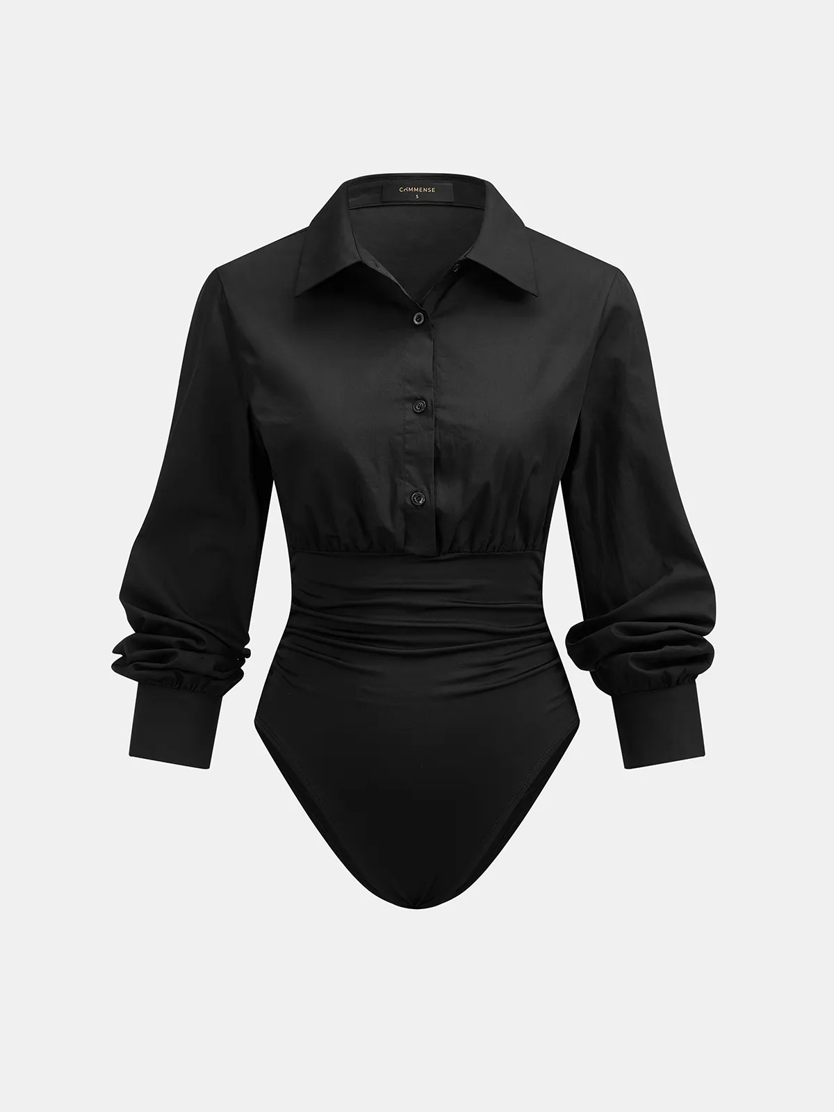 Collared Ruched Long Sleeve Bodysuit sold by COMMENSE