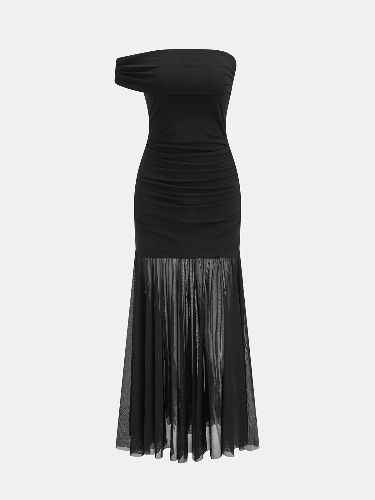 Off Shoulder Ruched Mesh Flowy Maxi Dress sold by COMMENSE product image thumbnail 2
