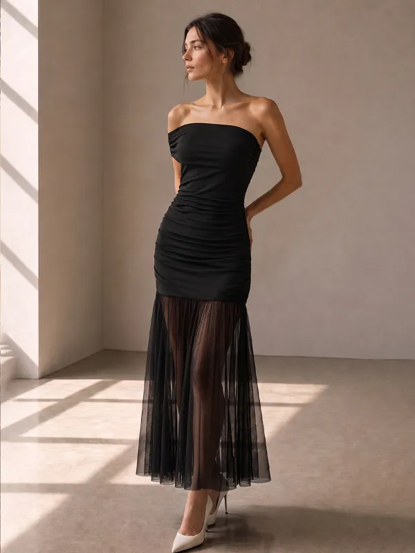 Off Shoulder Ruched Mesh Flowy Maxi Dress made by COMMENSE