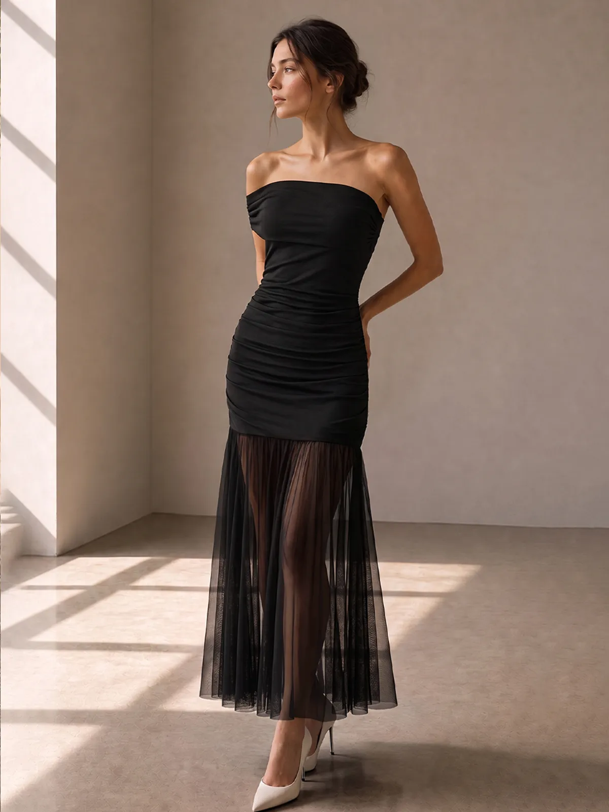 Off Shoulder Ruched Mesh Flowy Maxi Dress sold by COMMENSE