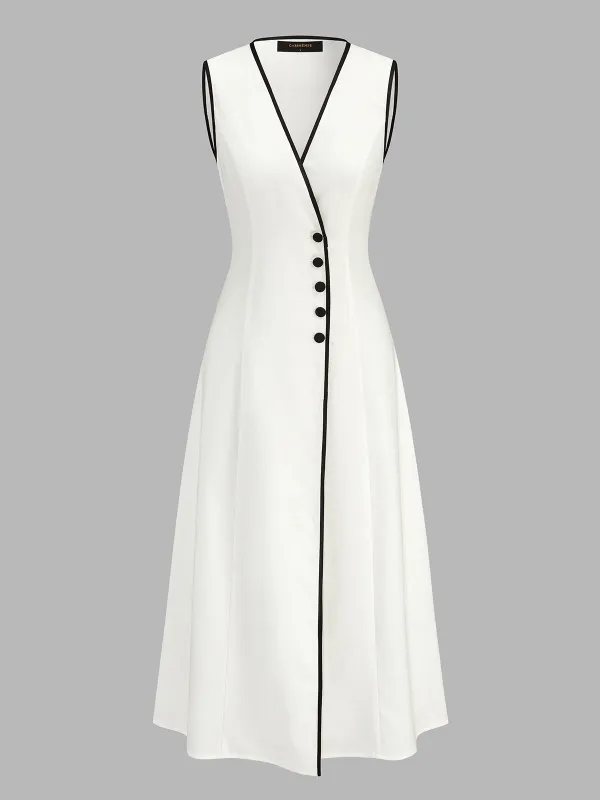 Contrast Piping V-Neck A-Line Midi Dress made by COMMENSE