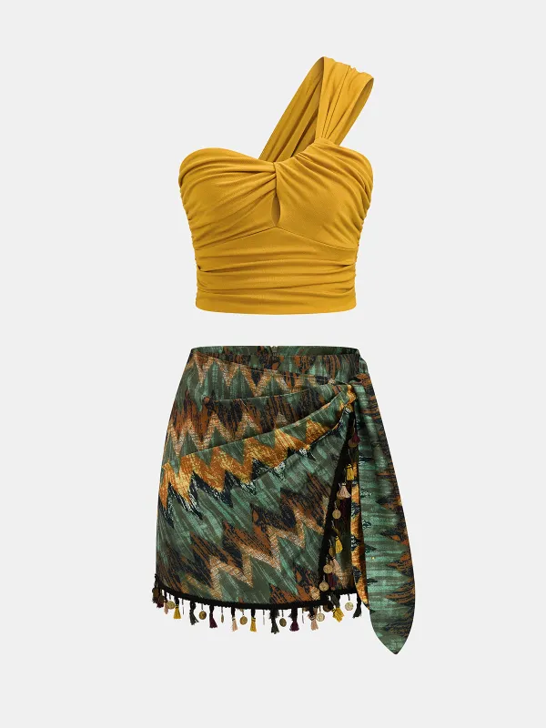One Shoulder Top & Tassel Mini Skirt Set made by COMMENSE