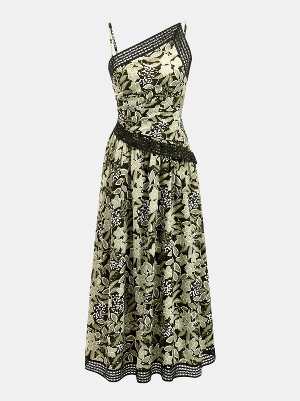 Asymmetric Strap Lace Trim Floral Midi Dress made by COMMENSE