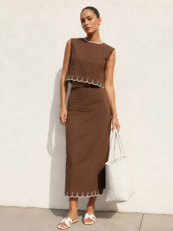 Contrast Stitch Linen Blend Two Piece Skirt Set made by COMMENSE