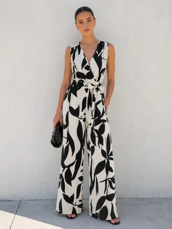 Leaf Print Belted Wide Leg Jumpsuit made by COMMENSE