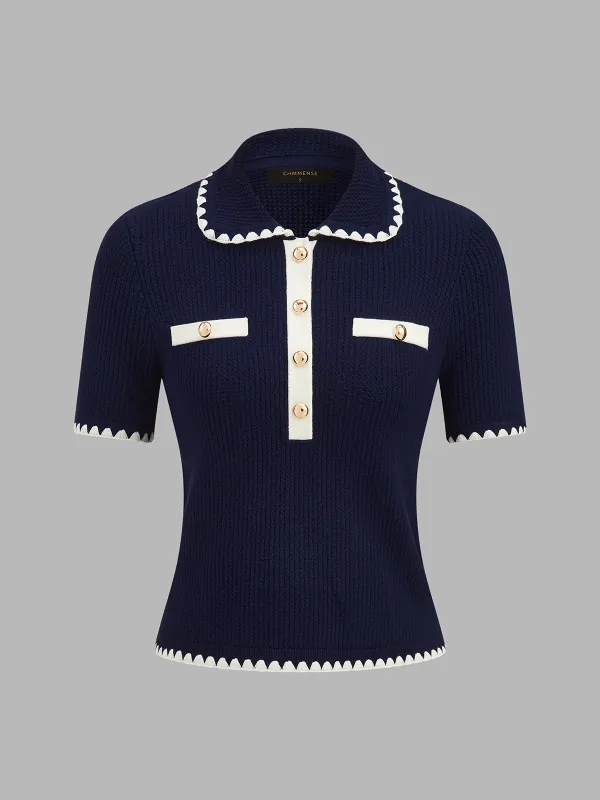 Scallop Trim Polo Collar Knit Short Sleeve Top made by COMMENSE