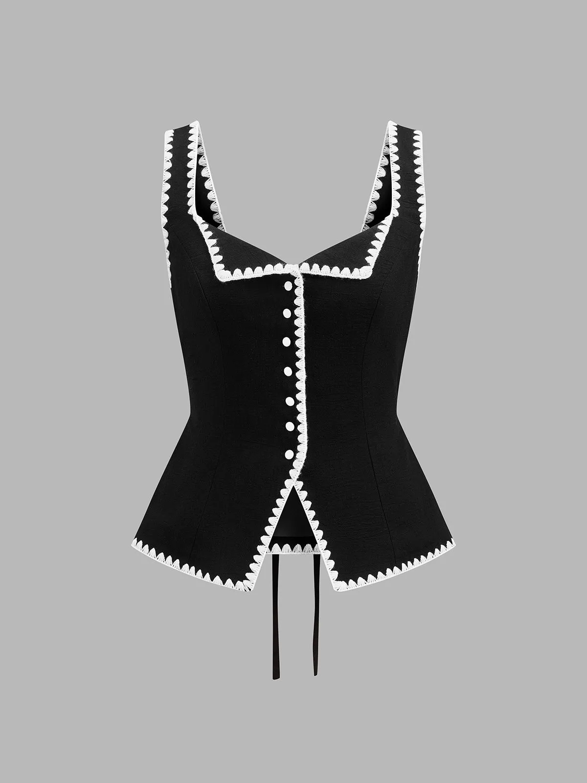 Scalloped Trim Button Front Tank Top sold by COMMENSE