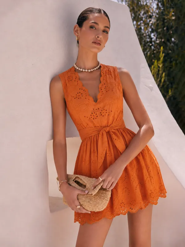 Scallop V Neck Eyelet Belted Mini Dress made by COMMENSE