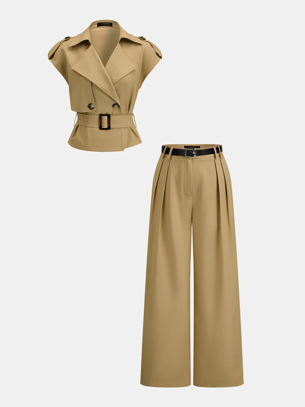 Trench Belted Blouse & Pleated Pants Set sold by COMMENSE