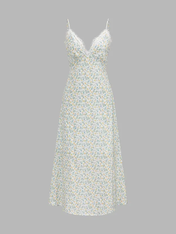 Lace Trim Ditsy Floral Slip Maxi Dress made by COMMENSE