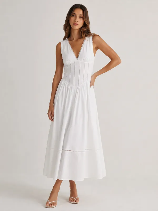 Lace Trim V‑Neck Corset Midi Dress made by COMMENSE