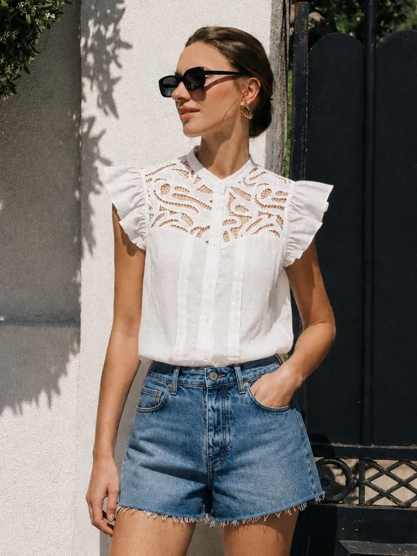 Lace Patch Flutter Sleeve Cotton Blouse made by COMMENSE
