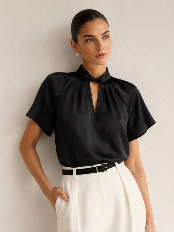 Twisted Neck Short Sleeve Satin Blouse made by COMMENSE
