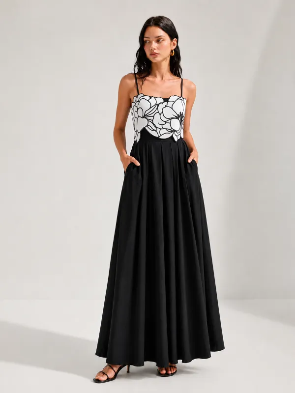 Contrast Flower Bust Pleated Swing Dress made by COMMENSE