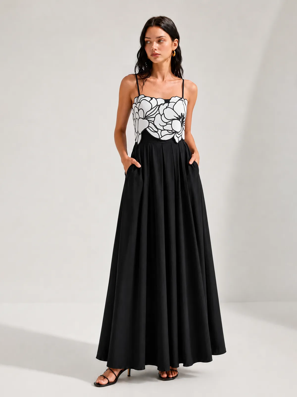 Contrast Flower Bust Pleated Swing Dress sold by COMMENSE