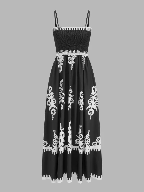Smocked Bust Ethnic Print Cami Midi Dress made by COMMENSE