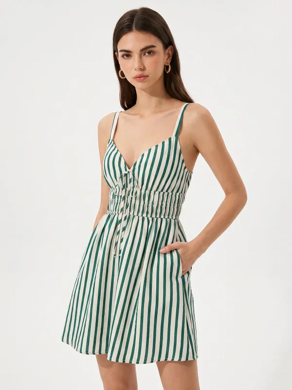 Tie Front Smocked Cami Striped Mini Dress made by COMMENSE