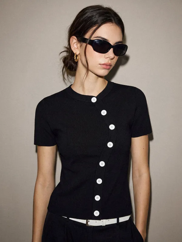 Diagonal Button Short Sleeve Knit Top made by COMMENSE