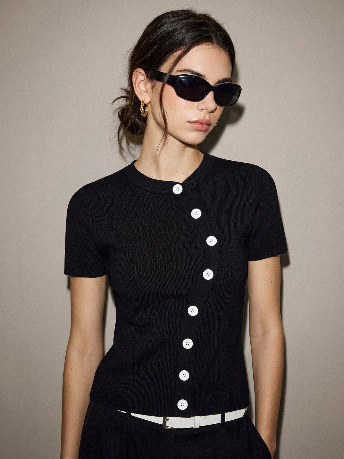 Diagonal Button Short Sleeve Knit Top sold by COMMENSE