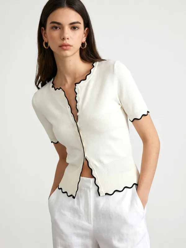 Contrast Wave Edge Button Front Knit Top made by COMMENSE