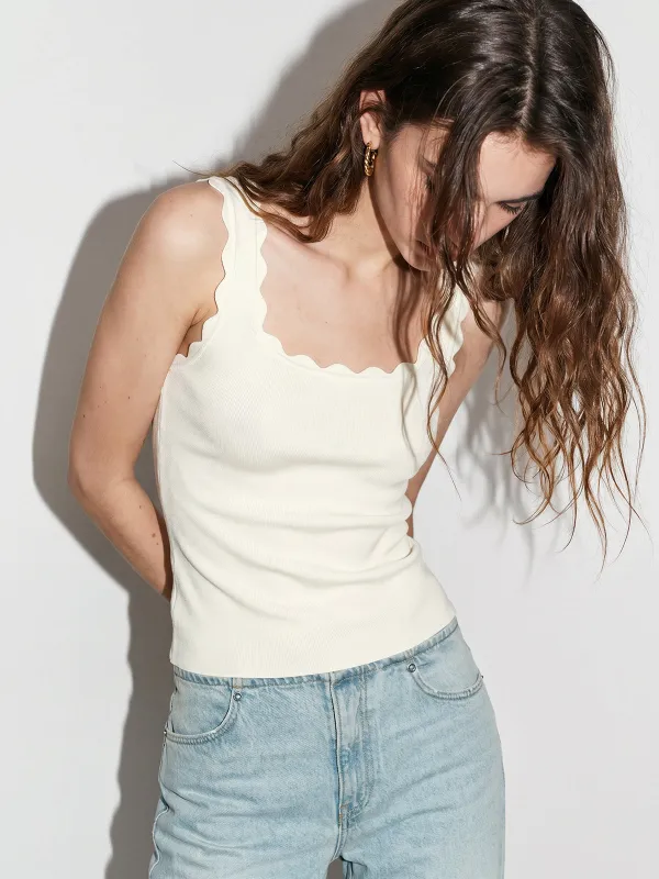 Scallop Edge Square Neck Ribbed Knit Tank Top made by COMMENSE