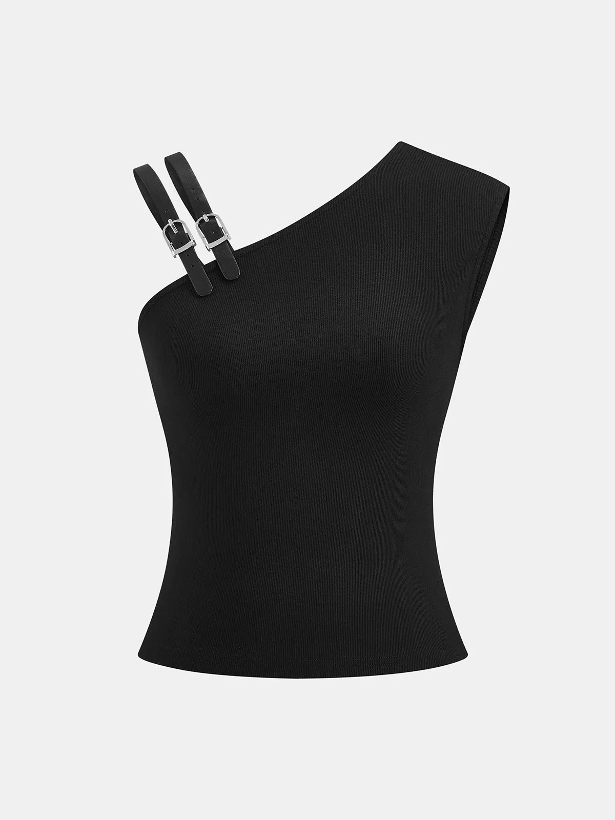 Double Buckle Strap Asymmetric Ribbed Top sold by COMMENSE product image thumbnail 2