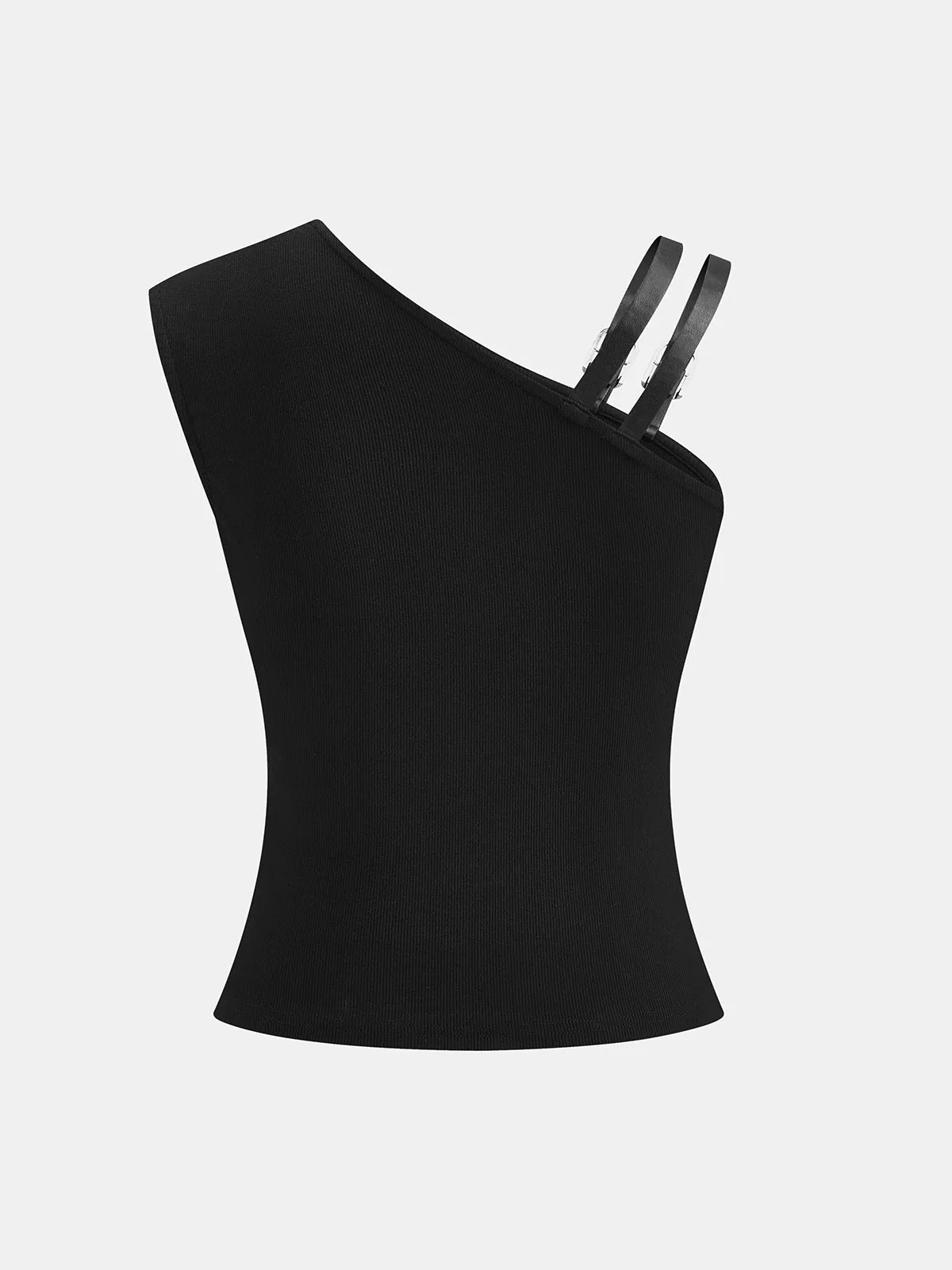 Double Buckle Strap Asymmetric Ribbed Top sold by COMMENSE product image thumbnail 3
