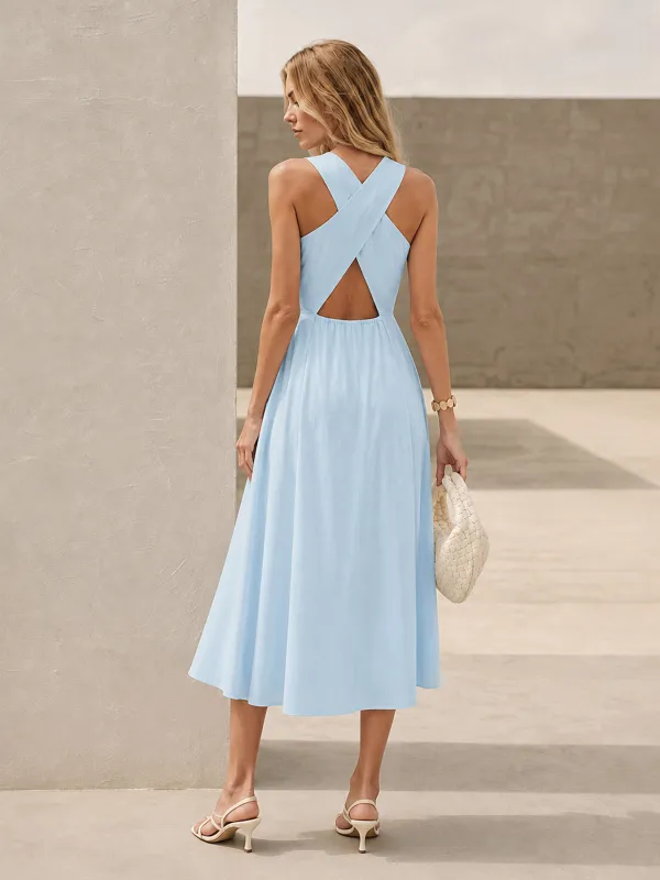 Linen Blend V Neck Cross Back Maxi Dress made by COMMENSE