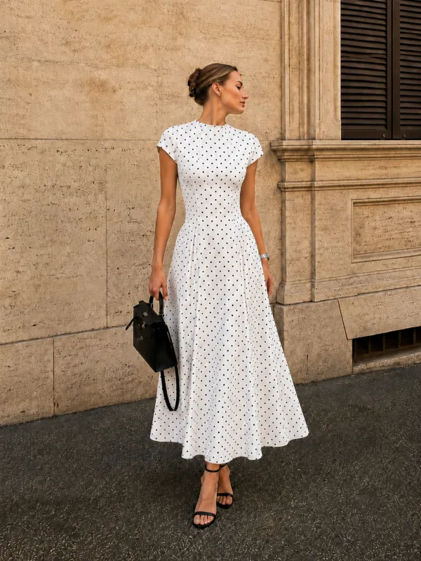 Cap Sleeve Polka Dot Fit Flare Maxi Dress made by COMMENSE