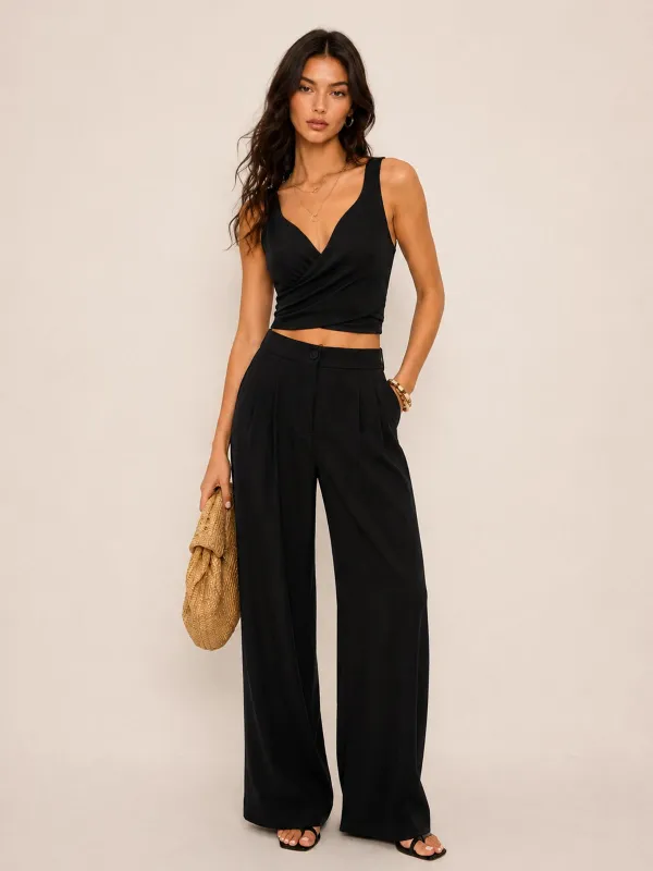 Linen Blend Tie-Back Top & Wide Leg Pants Set made by COMMENSE