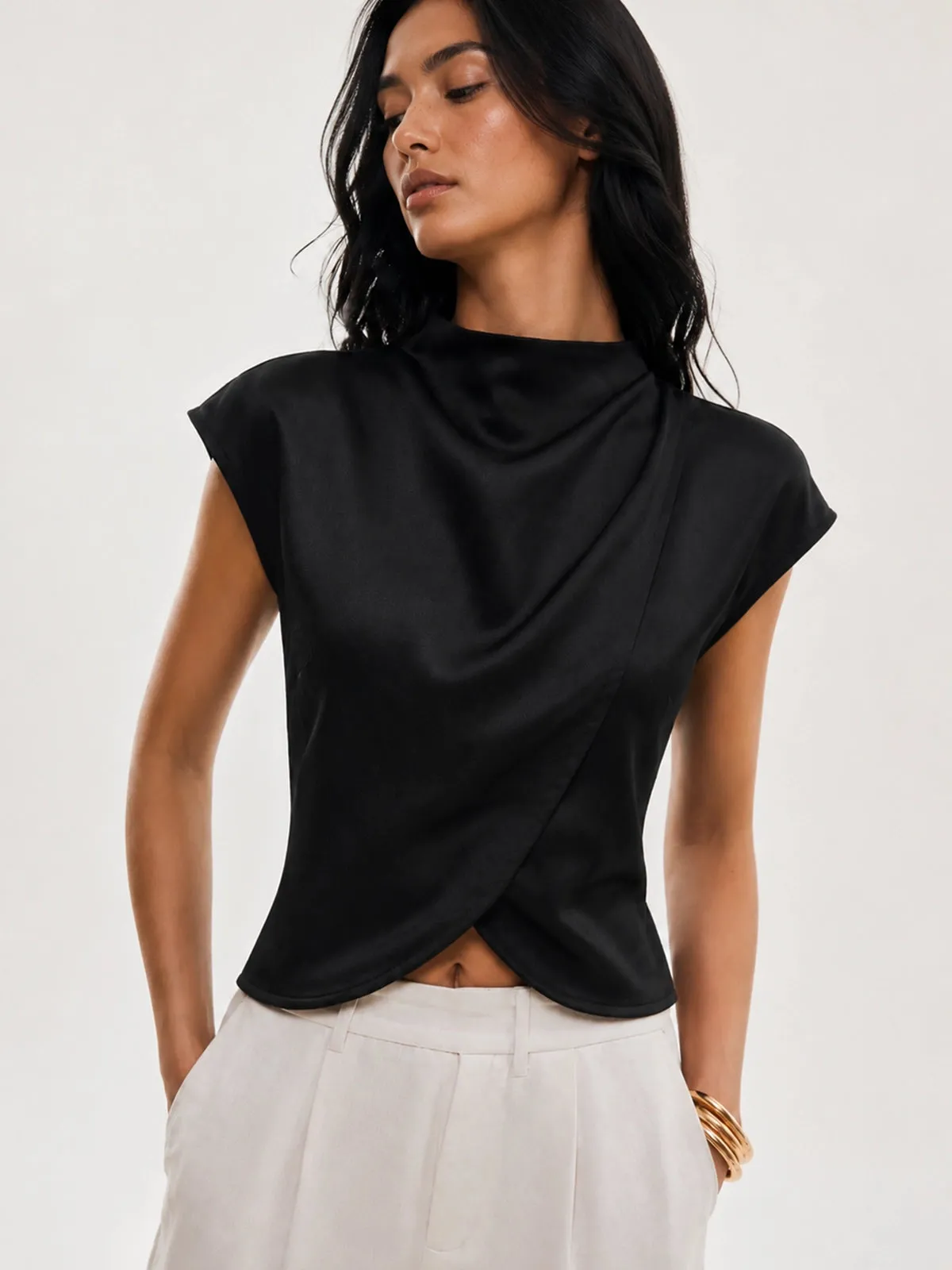Draped Satin Cap Sleeve Blouse sold by COMMENSE