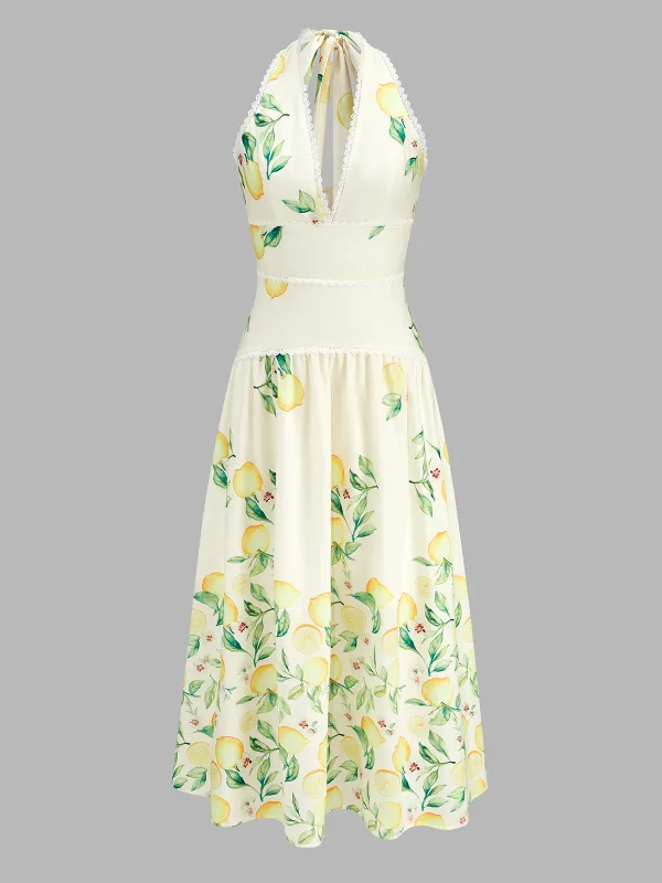 Lemon Print Halter Lace Trim Flared Midi Dress made by COMMENSE