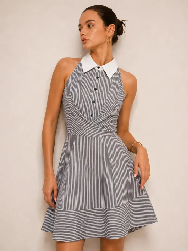 Contrast Collar Halter Striped Mini Dress made by COMMENSE