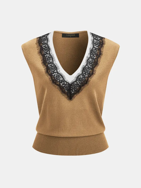 Lace Trim Contrast V Neck Sleeveless Knit Vest made by COMMENSE