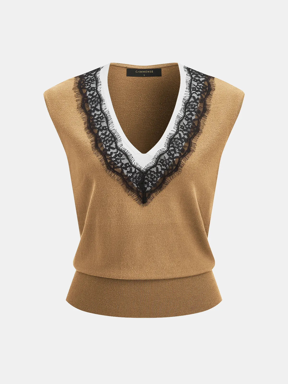 Lace Trim Contrast V Neck Sleeveless Knit Vest sold by COMMENSE