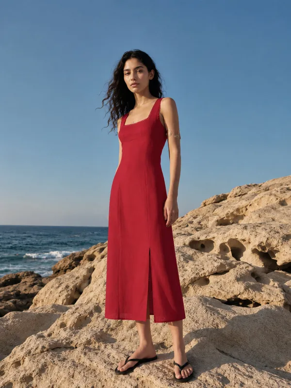 Linen Blend Sleeveless Scallop Trim Midi Dress made by COMMENSE
