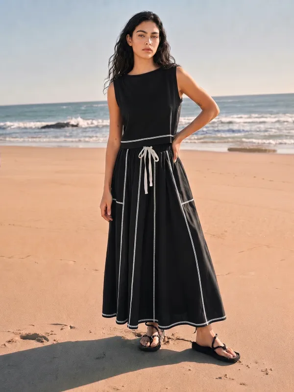 Contrast Stitch Tank Top & Drawstring Skirt Set made by COMMENSE