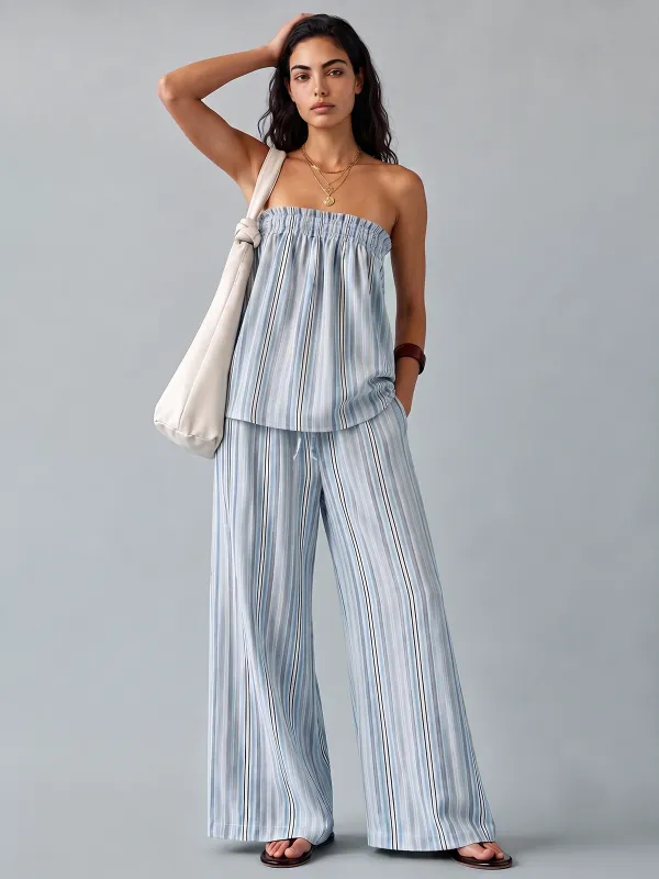 Striped Tube Top & Drawstring Pants Set made by COMMENSE