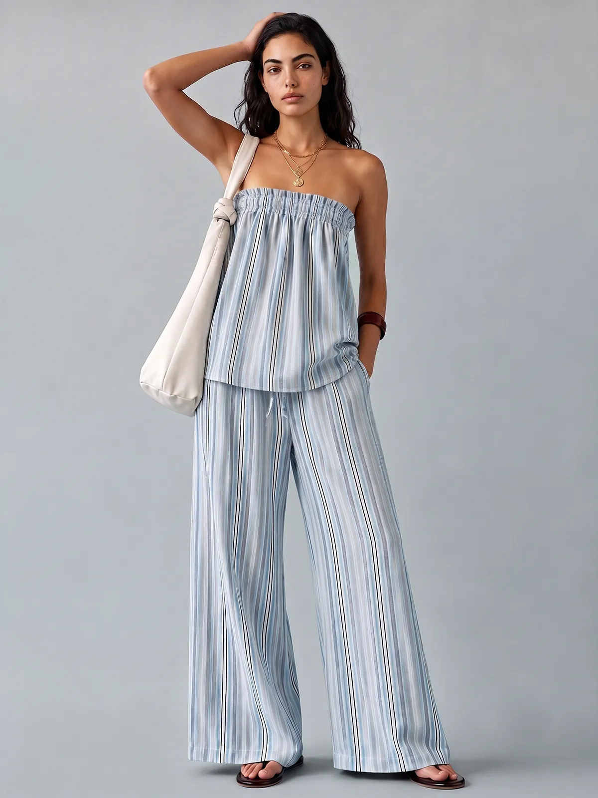 Striped Tube Top & Drawstring Pants Set sold by COMMENSE