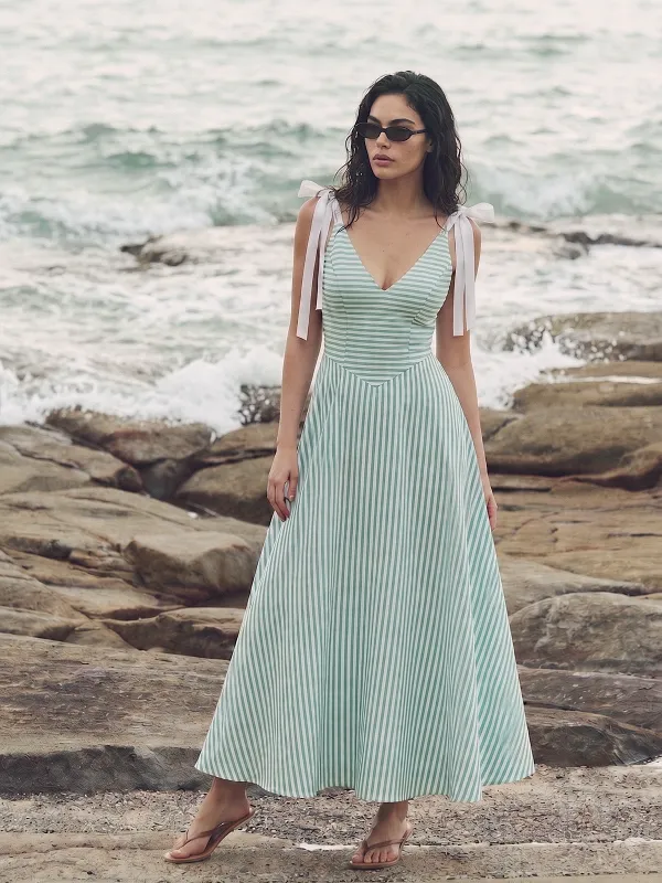 Striped Bow Strap V Neck Midi Dress made by COMMENSE