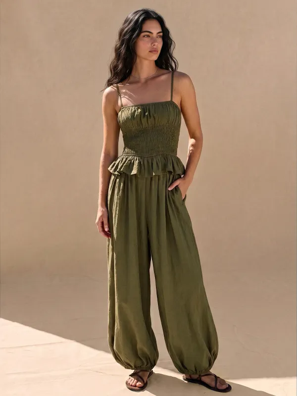 Smocked Ruffle Cami Balloon Hem Jumpsuit made by COMMENSE