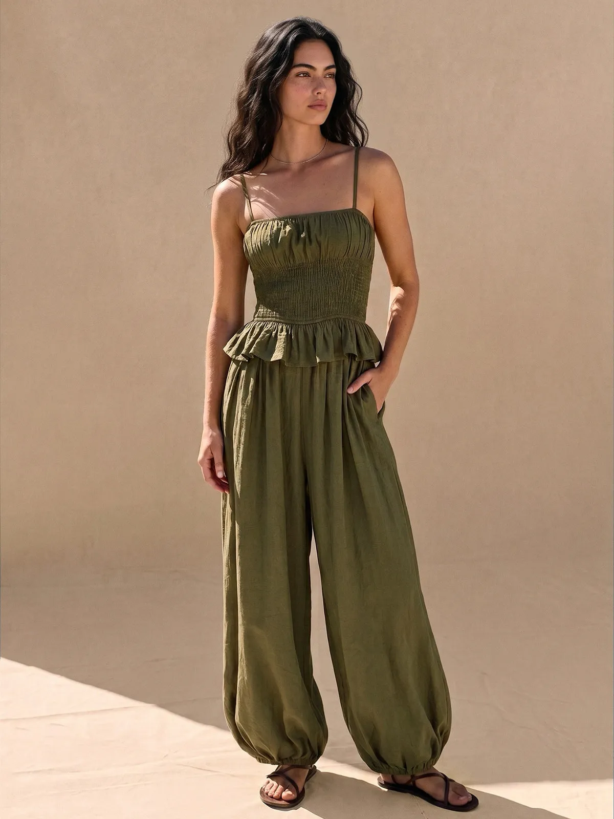 Smocked Ruffle Cami Balloon Hem Jumpsuit sold by COMMENSE