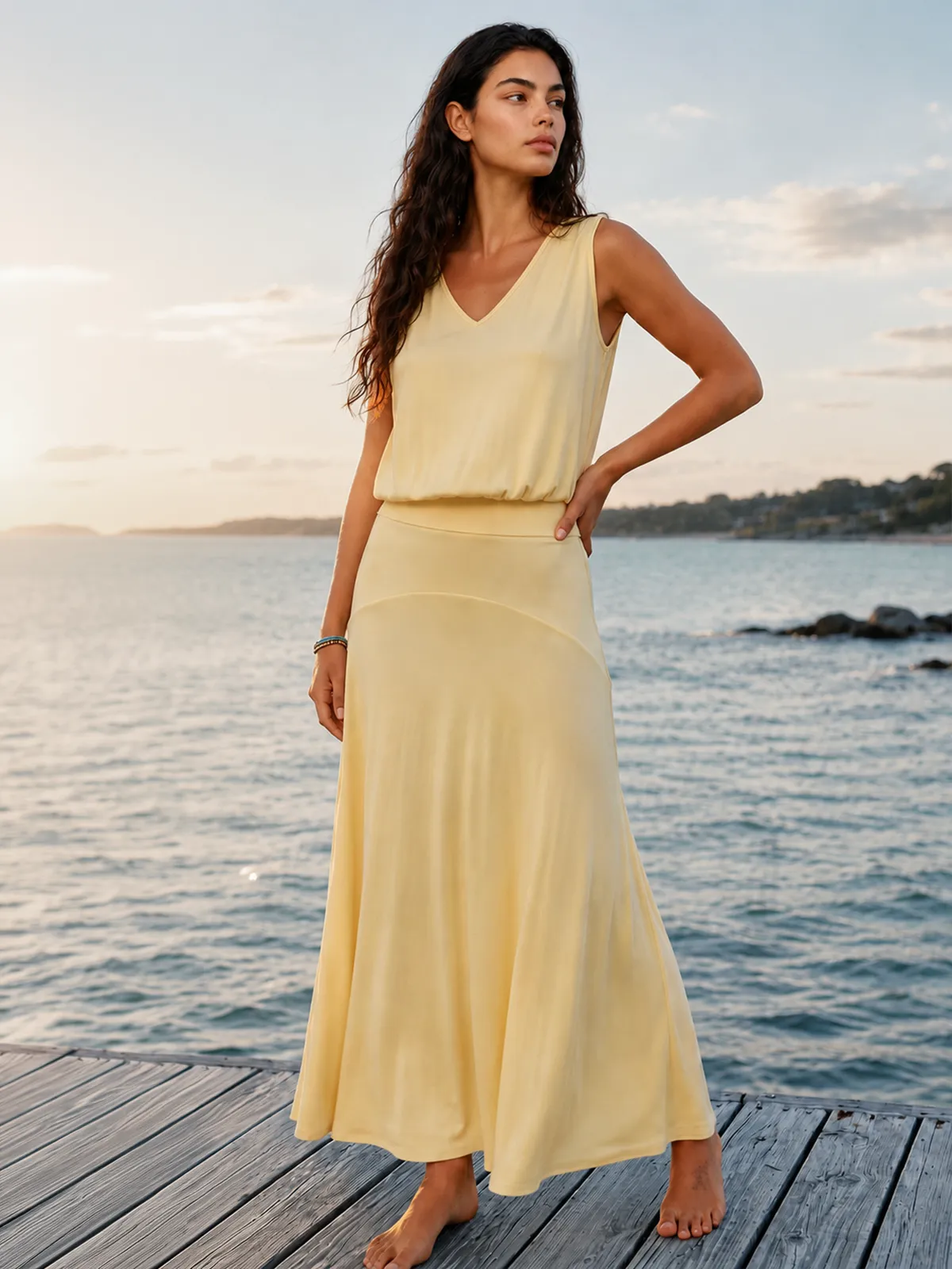 V-Neck Tank Top & Flared Midi Skirt Set sold by COMMENSE