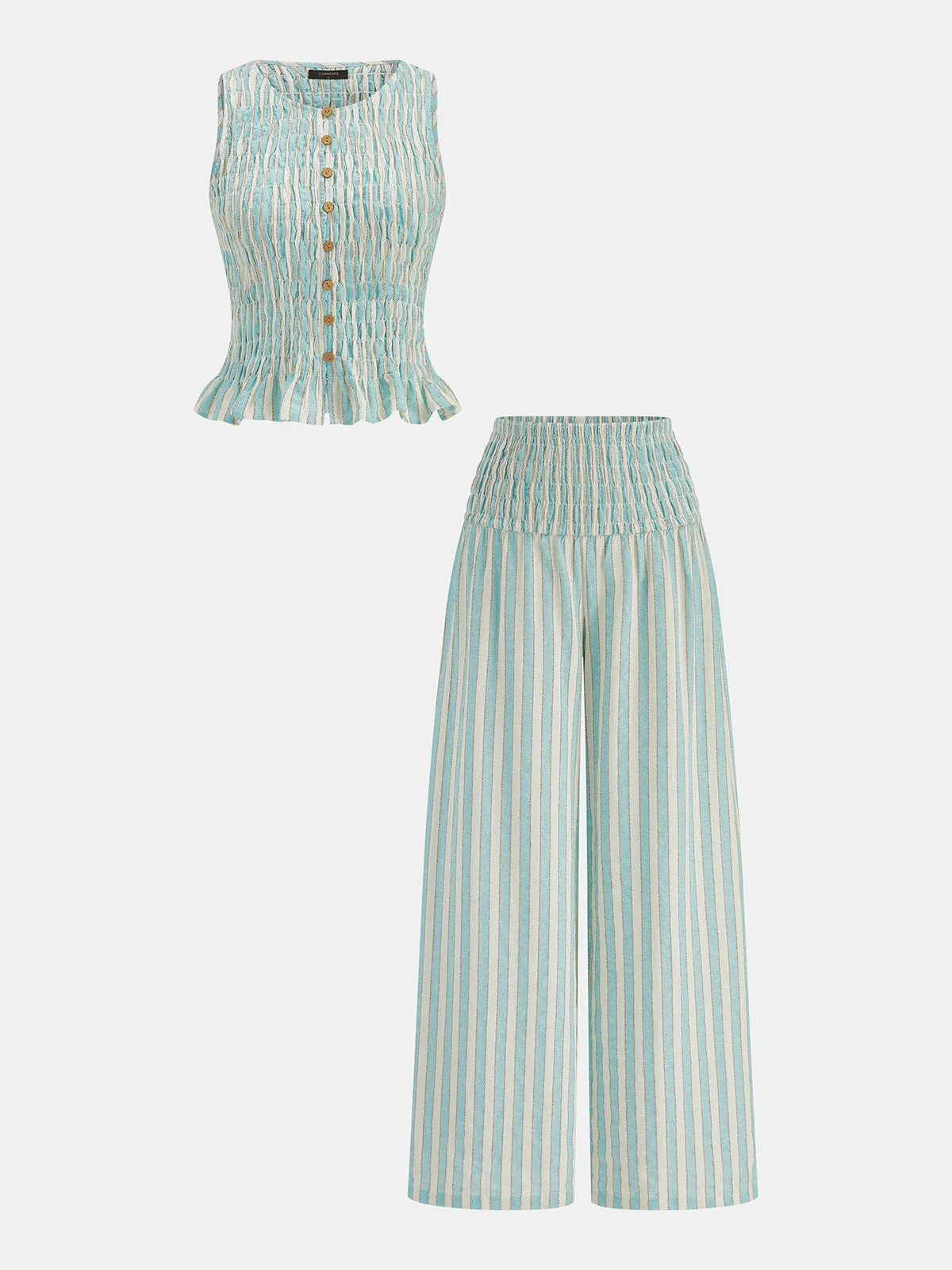 Striped Smocked Two Piece Pants Set sold by COMMENSE