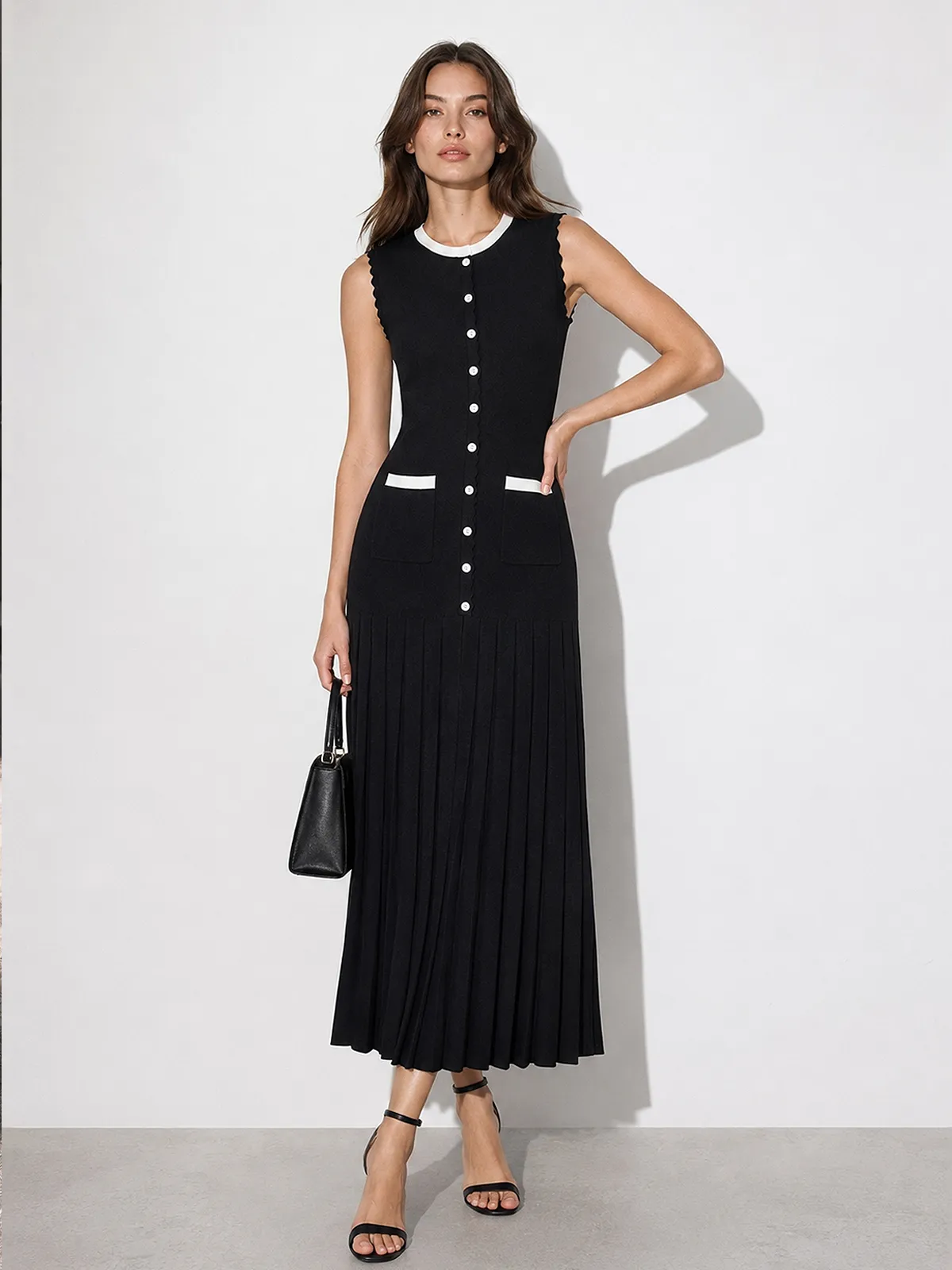 Scalloped Edge Pleated Knit Maxi Dress sold by COMMENSE